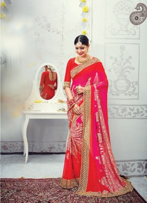 REdPink3604 Georegtte Zari.DiamondWork WeddingParty Saree At Zikimo