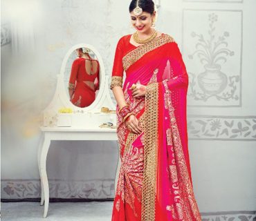 REdPink3604 Georegtte Zari.DiamondWork WeddingParty Saree At Zikimo