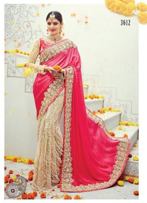 MagentaBiege3612 SatinSilk Net Zari.DiamondWork WeddingParty Saree At Zikimo