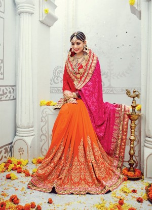 MagentaRedOrange3614 Georgette Zari.DiamondWork WeddingParty Saree At Zikimo