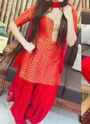 Red Brocade Siyoni Punjabi Salwar Kameez With chiffon duppta at Zikimo