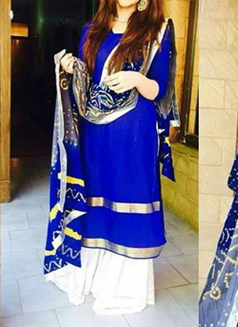 Bluewhite7114 Cotton Designer Long Straight Plazzo Suit With Bhandhej Dupatta at Zikimo