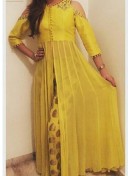 Yellow7119 Georgette Brocade Anarkali Cape Pants Suit at Zikimo