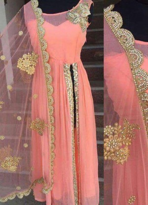 Peach7121 Georgette SideCut Anarkali Suit With Net Dupatta at Zikimo