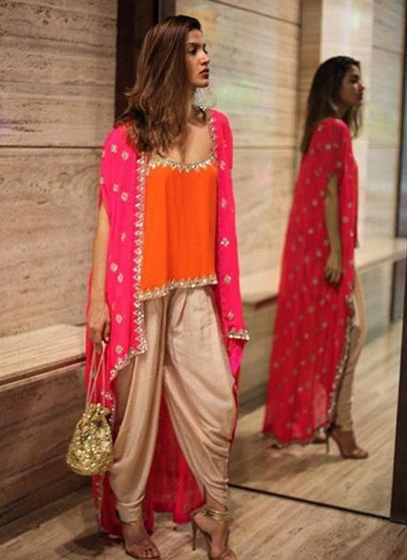 OrangePink7124 Georgette Lycra Short Top With Dhoti And Pink Net Dupatta at Zikimo