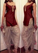 BrownBiege203 ChanderiSilk Mirror Embroidery Work Punjabi Salwar Kameez at Zikimo