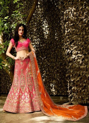 DarkPink1336 Resham, Sequins,Stone,Diomond,Cutdana,Kasab Work Satin Weding Lehenga at Zikimo