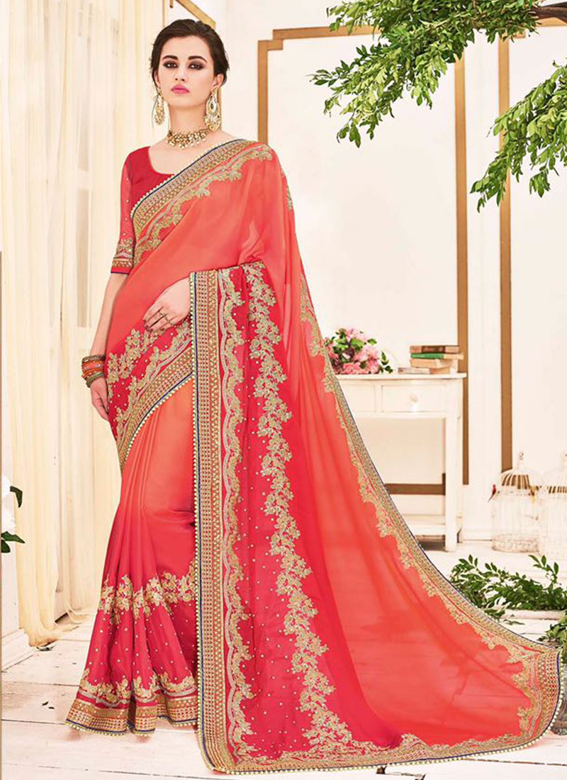 OrangeRed2508 Georgette WeddingParty Saree At Zikimo  1 OrangeRed2508 Georgette WeddingParty Saree At Zikimo