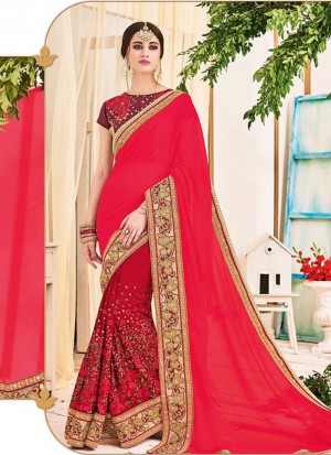 MaroonRed2514 Georgette WeddingParty Saree At Zikimo