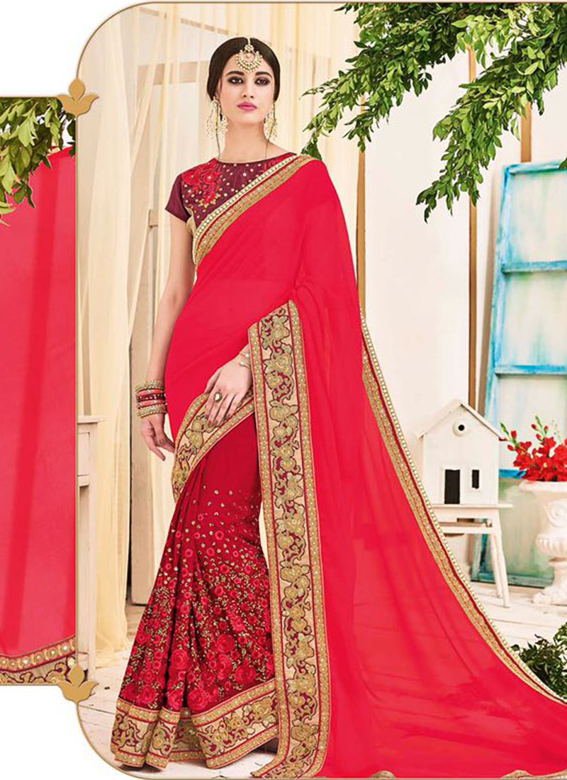 MaroonRed2514 Georgette WeddingParty Saree At Zikimo  1 MaroonRed2514 Georgette WeddingParty Saree At Zikimo