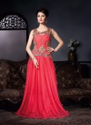 RedishPink3902 RawSilk Weddding Party Double Layered Wedding Party Anarkali Suit at Zikimo
