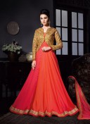 PinkOrange3907 RawSilk Wedding Party FloorLength Anarkali Suit at Zikimo