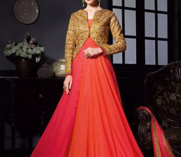 PinkOrange3907 RawSilk Wedding Party FloorLength Anarkali Suit at Zikimo