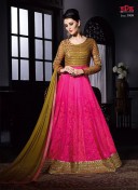 PinkGolden3909 Net RawSilk Wedding FloorLength Anarkali Suit at Zikimo