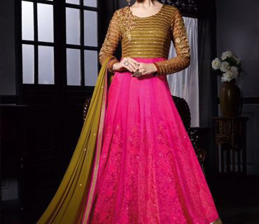 PinkGolden3909 Net RawSilk Wedding FloorLength Anarkali Suit at Zikimo