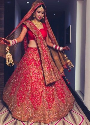 BrightRed Zardosi,Crystal,Stone Work Indian Bridal Lehenga Choli With Two Dupattas at Zikimo