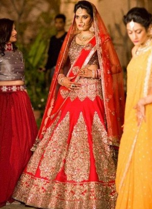 CrimsonRed Zardosi,Cutdana Work Indian Bridal Lehenga Choli With Two Dupattas at Zikimo