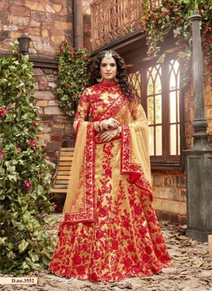 GoldRed3552 Cotton Silk Indian WeddingParty Lehenga Choli at Zikimo