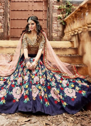 NavyBlue3553 Indo Silk Indian WeddingParty Lehenga Choli at ZIkimo