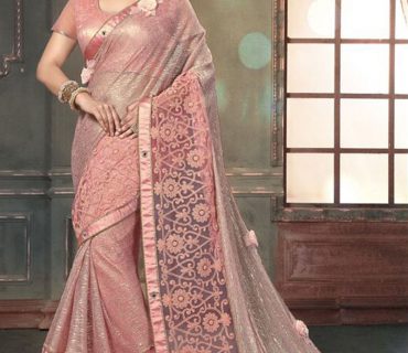 RosePink4214 KnitSilk 3D Embroidery IndianWedding Saree at ZIkimo