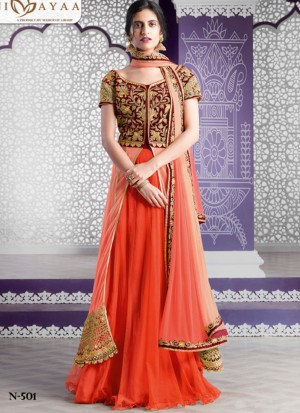 maroonOrange501 Net Velvet Indian WeddingParty Fusion Lehenga Choli at ZIkimo