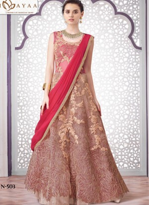 GajriPink503 Tissue Net Indian WeddingParty Fusion Lehenga Choli at ZIkimo
