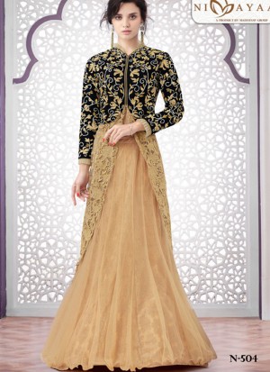 BiegeBlack504 Net Velvet Indian WeddingParty Fusion Lehenga Choli at ZIkimo