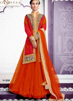 Orange509 Net Rawsilk Indian WeddingParty Fusion Lehenga Choli at ZIkimo