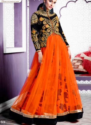 SaffronBlack513 Net Velvet Indian WeddingParty Fusion Lehenga Choli at ZIkimo