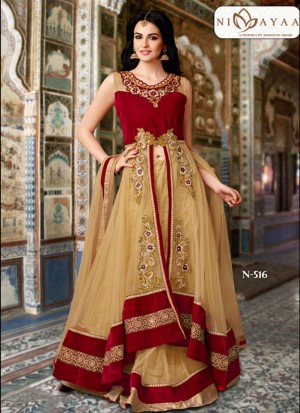 BiegeMaroon516 Net Velvet Indian WeddingParty Fusion Lehenga Choli at ZIkimo