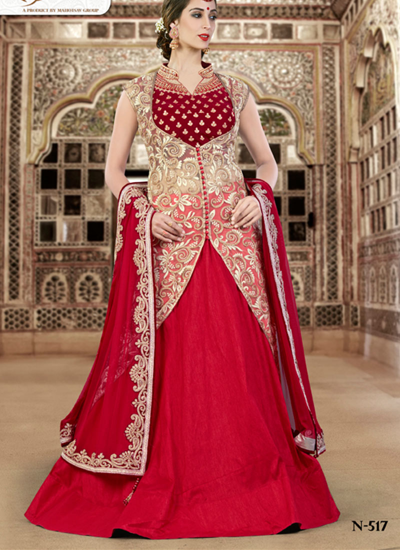 SacrletRed517 Rawsilk NetVelvet Indian WeddingParty Fusion Lehenga Choli at ZIkimo 1 SacrletRed517 Rawsilk NetVelvet Indian WeddingParty Fusion Lehenga Choli at ZIkimo