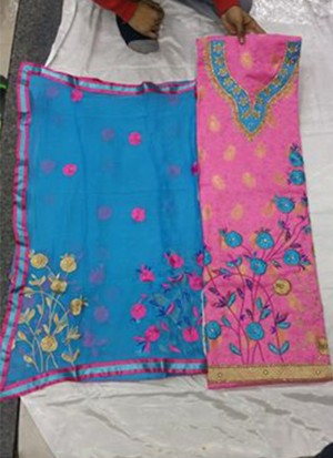 PinkBlue JamCottonSIlk All Over Punjabi Salwar Kameez With chiffon duppta at Zikimo