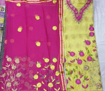 YellowPink CharlieSIlk All Over Punjabi Salwar Kameez With chiffon duppta at Zikimo