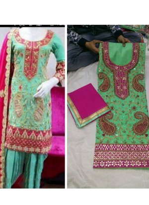Green Dupion All Over Embroidery Punjabi Salwar Kameez With chiffon duppta at Zikimo