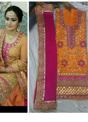 OrangeMagenta Dupion All Over Embroidery Punjabi Salwar Kameez With chiffon duppta at Zikimo