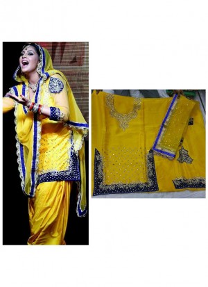 YellowBlue All Over DupionEmbroidery Punjabi Salwar Kameez With chiffon duppta at Zikimo