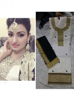 WhiteBlack Dupion All Over Embroidery Punjabi Salwar Kameez With chiffon duppta at Zikimo