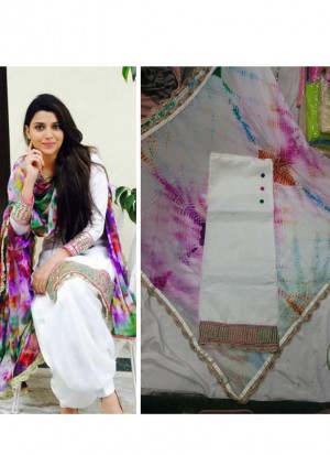White Dupion All Over Embroidery Punjabi Salwar Kameez With chiffon Rangla duppta at Zikimo