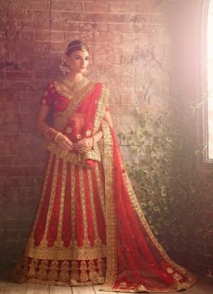 Red1101 Fancy Fabric Golden Embroidery Work Indian Bridal Lehenga Choli at ZIkimo