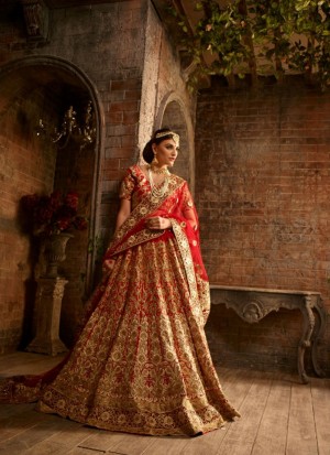 Glam Your Look in Red1102 Fancy Fabric Golden Embroidery Work Indian Bridal Lehenga Choli at ZIkimo
