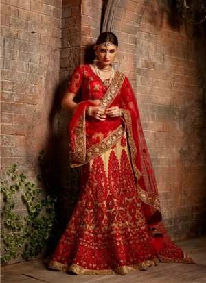 BiegeRed1103 Fancy Fabric Golden Embroidery Work Indian Bridal Lehenga Choli at ZIkimo