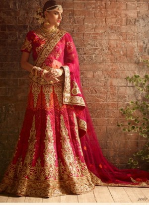 MagentaOrange1104 Fancy Fabric Golden Embroidery Work Indian Bridal Lehenga Choli at ZIkimo