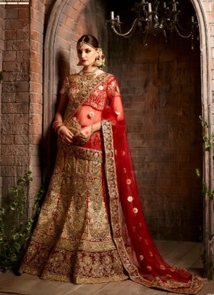 Astonishing Red1105 Fancy Fabric Golden Embroidery Work Indian Bridal Lehenga Choli at ZIkimo