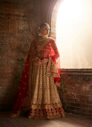 Glamorous Red1106 Fancy Fabric Golden Embroidery Work Indian Bridal Lehenga Choli at ZIkimo