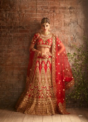 BrideRed1108 Fancy Fabric Golden Embroidery Work Indian Bridal Lehenga Choli at ZIkimo