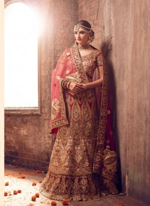 PinkishREd1110 Fancy Fabric Golden Embroidery Work Indian Bridal Lehenga Choli at ZIkimo