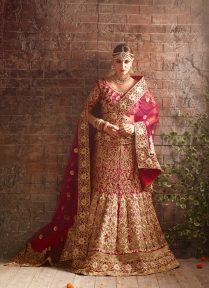 Magenta1111 Fancy Fabric Golden Embroidery Work Indian Bridal Lehenga Choli at ZIkimo