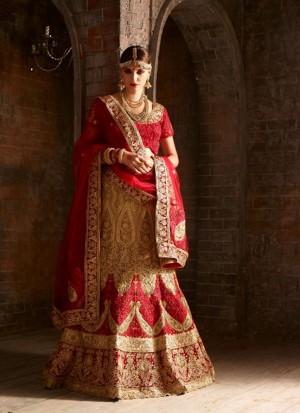 PureBrideRed1113 Fancy Fabric Golden Embroidery Work Indian Bridal Lehenga Choli at ZIkimo