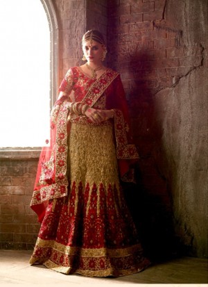TanRed1114 Fancy Fabric Golden Embroidery Work Indian Bridal Lehenga Choli at ZIkimo