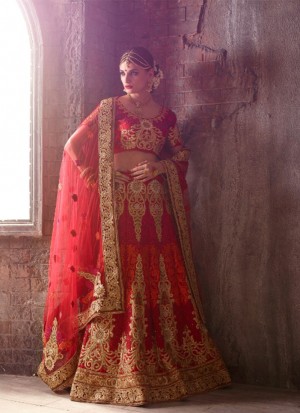 MagentaOrange1115 Fancy Fabric Golden Embroidery Work Indian Bridal Lehenga Choli at ZIkimo